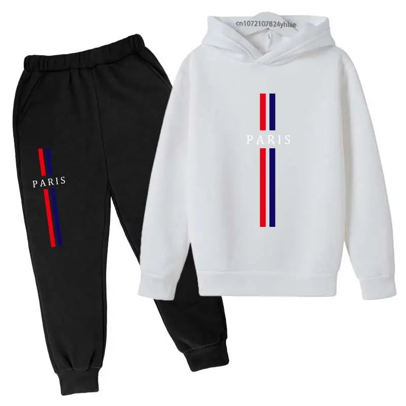 Kids Autumn Spring Casual Paris Print 2pcs Hoodie+Pants Tracksuits 2-13Years Boys Girls Fashion Streetwear Children Clothes Sets