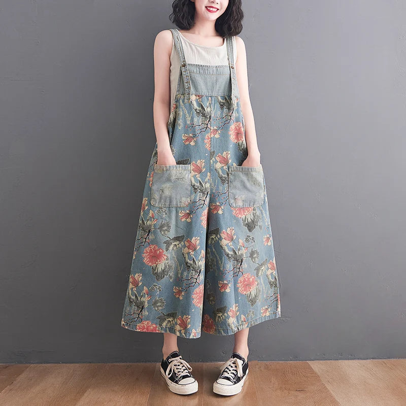 Casual Denim Overalls Women's Wide Leg Pants Summer New Sle plus Size Meat Covering Print High Waist Nine Points Jeans