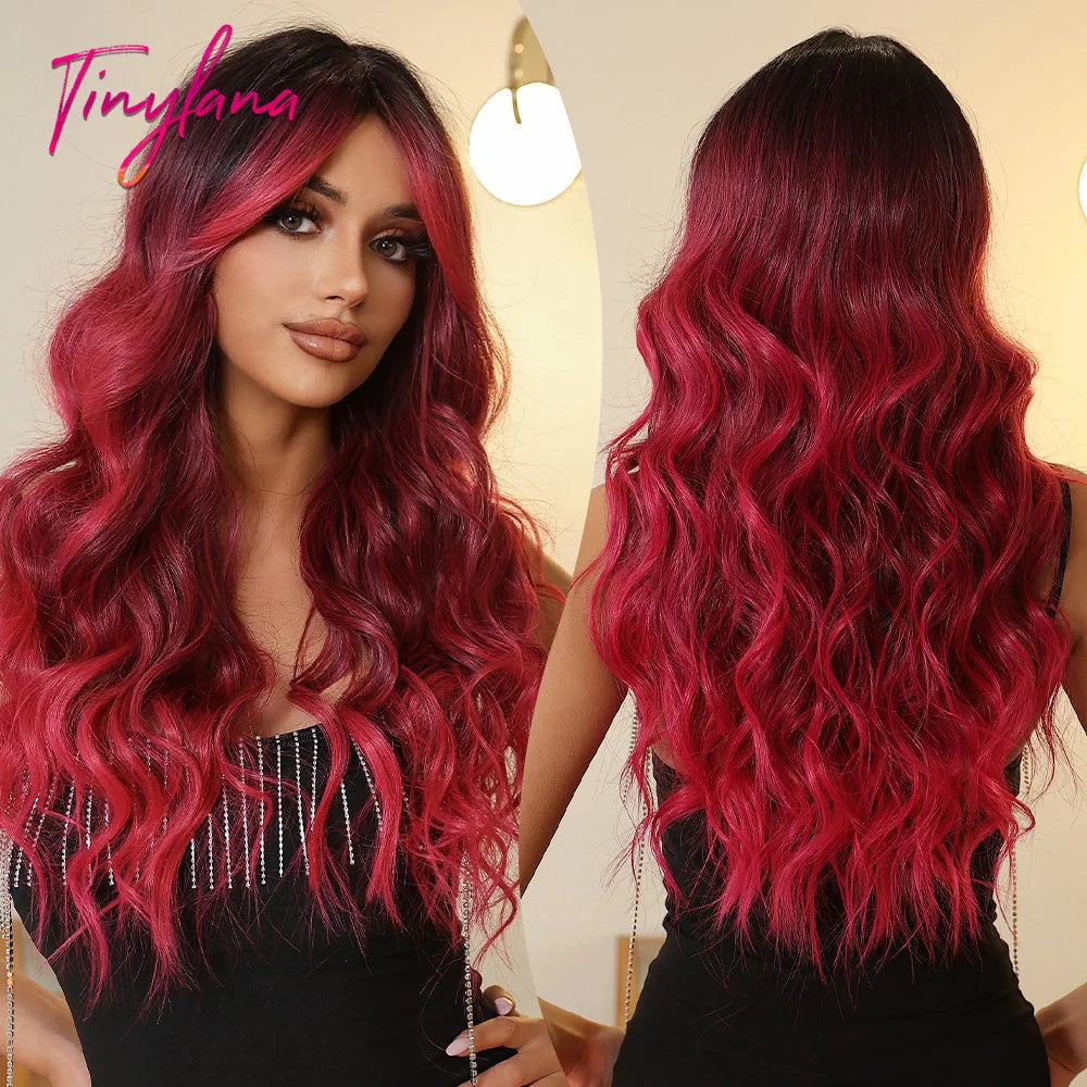 Wine Red Long Wavy Synthetic Wigs with Bangs for Women Colorful Burgundy Red Body Wave Cosplay Wig Halloween Heat Resistant Hair