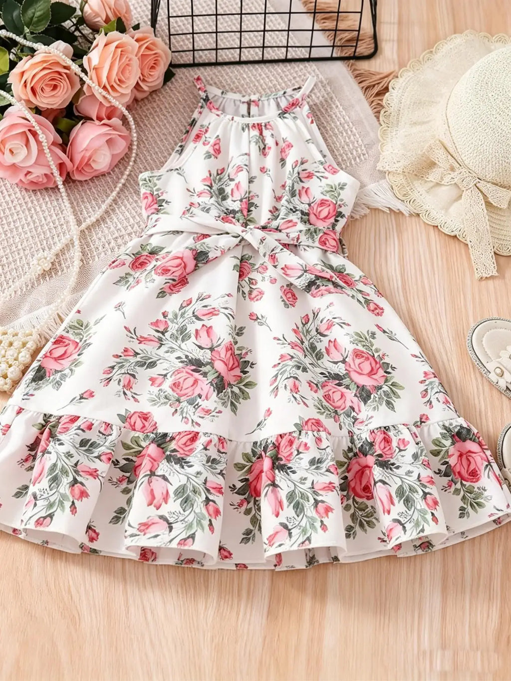 Elegant Fitted Dress for Kids,Perfect for Warm Weather, Little Girl Boho Floral Halter Dress, Tiered Ruffle Hem Summer Sundress