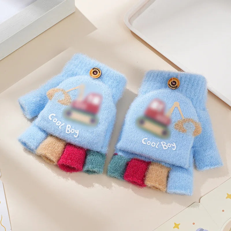 Children's Warm Gloves for Boys and Girls Cartoon Cute Half Finger Knitted Winter Flip Cover Baby Thick Cold Proof Five Fingers