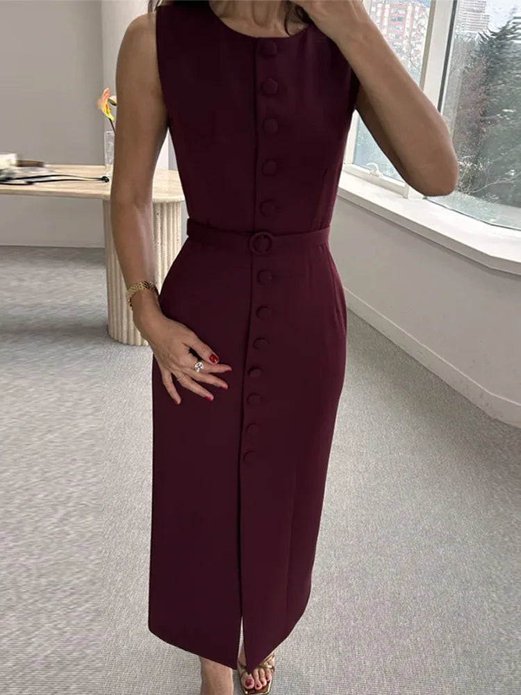 Women Long Dress Summer Casual Simple Solid Sleeveless Round Neck Single Breasted Dresses Nipped Waist Lace Up Robe Office