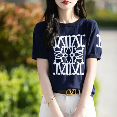 Women's T-shirt Summer New 100% Cotton Sweater Short Sleeve Knitted Embroidered Round Neck Women's Top Loose Fashion Pullover