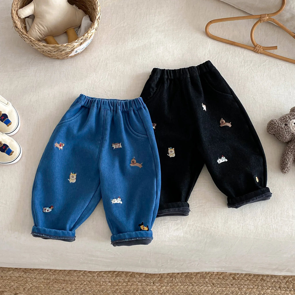 Winter Kids Pants Fur Lining Boys Jeans Embroidery Girls Denim Pants Thicken Girls Trousers