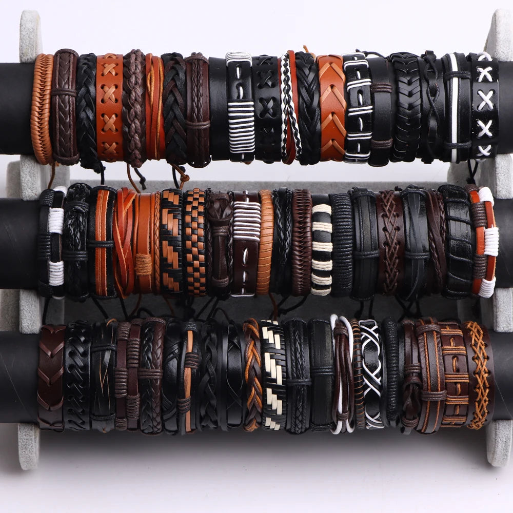 10/20/30/50/100Pcs/Lot Fashion Hand Woven Adjustable Leather Bracelets For Men Retro Style Jewelry Accessories Gifts Wholesale