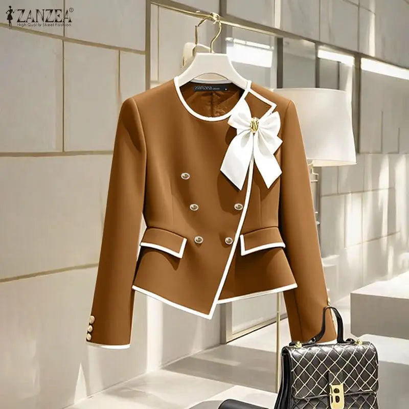 ZANZEA Elegant Blazer Autumn Double Breasted Long Sleeve Coats Women Fashion Bow Office Outerwear 2025 Casual Street Jackerts