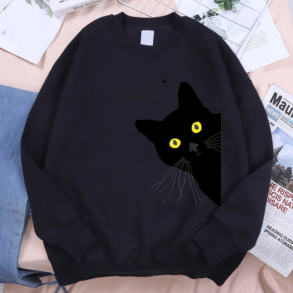 Meow The Black Cat Stared Intently Hoody Men Women Personality Loose Sweatshirts O-Neck Oversize Clothing Pullover Hoody Couple