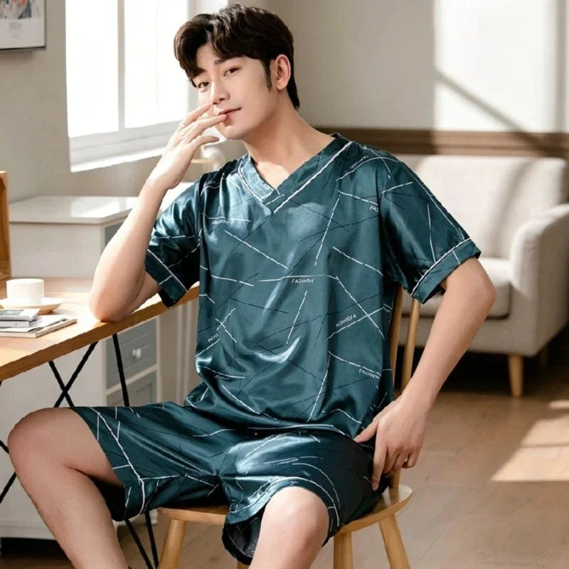 Plus Size Men's Pajamas Set Summer New Fashion Print Men's Sleepwear V-Neck Short Sleeve Shorts Homewear 2026 Casual Cool