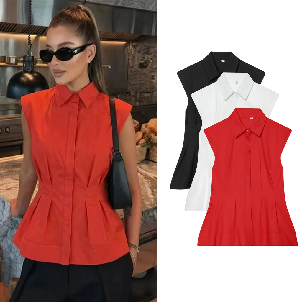 Women Casual Sleeveless Slim Shirts Summer Female Blouse Pleated Turn-Down Collar Single Breasted Blouses Chic Lady Elegant Tops