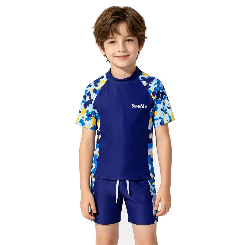 Boys Swimsuit Summer 2Pcs Rash Guard Camouflage Print Quick Dry Split Swimwear for 2-12Y Kids Beach Training Girls Bathing Suit