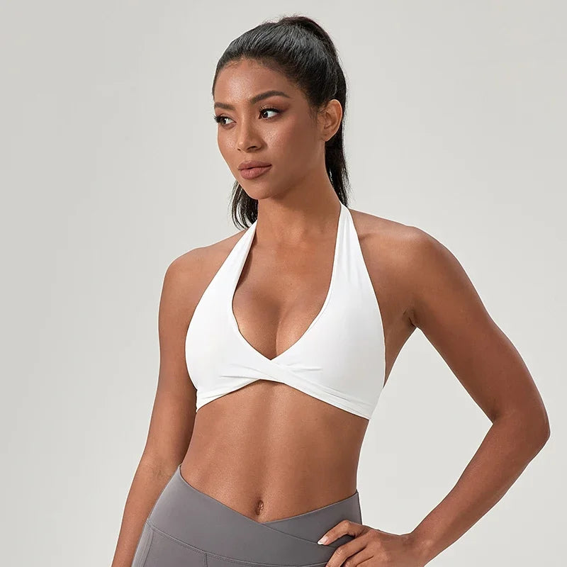 Sports Yoga Bra For Women Underwear Sportswear Halter Neck With Stylish Back Sexy Gym Bra With Cups Running Fitness Backless Top