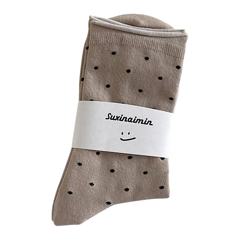 Women's spring summer thin vintage cream curled-edge women's socks polka dot mid-tube socks artistic socks women