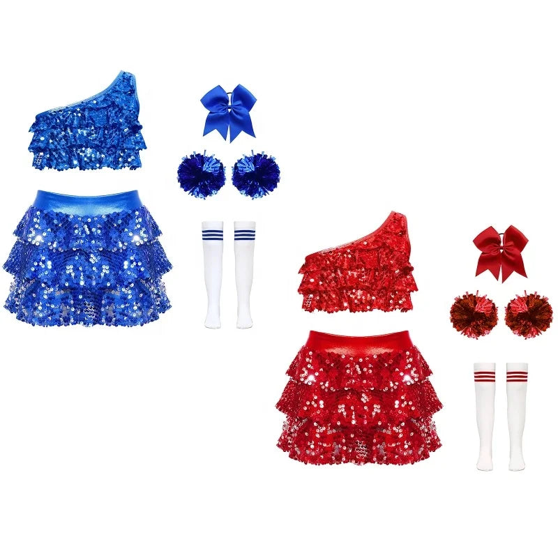 4-16 Kids Girls Cheerleading Performance Outfit Crop Top With Skirted Shorts Culottes Party Competition Dance Class Theme Party
