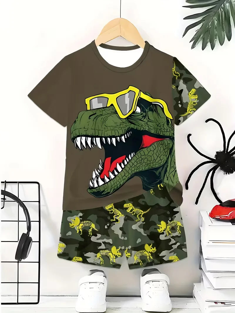 Boys 2Pcs Summer Outfit Graffiti Dinosaur Print Short Sleeve T-Shirt + Shorts Set  Casual Sportswear Kids Streetwear Tracksuit