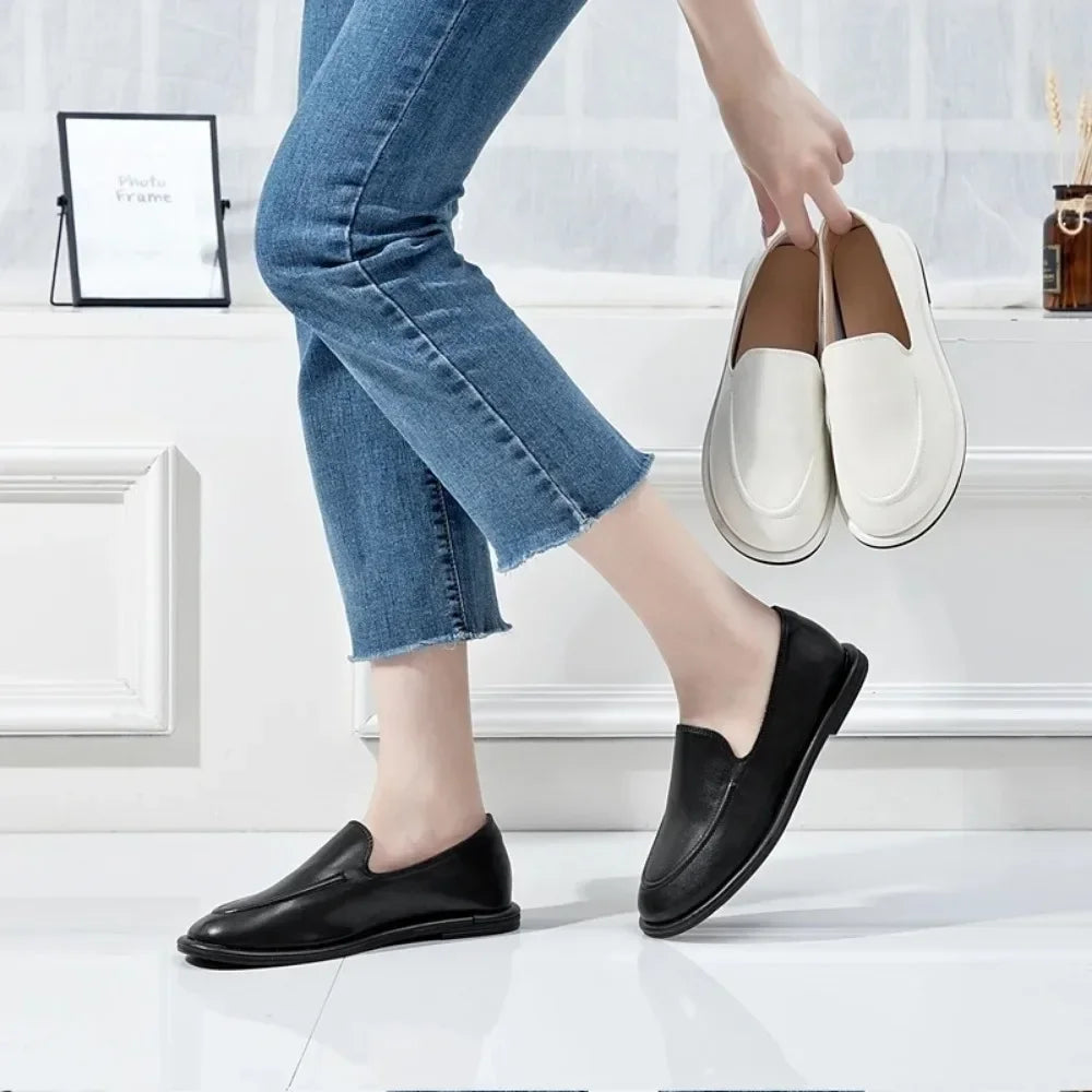 Loafers Women Flat Shoes 2026 New Spring Round Toe One Foot Slip-on Shoes Women Genuine Leather Soft Flats Shoes Women zapatos