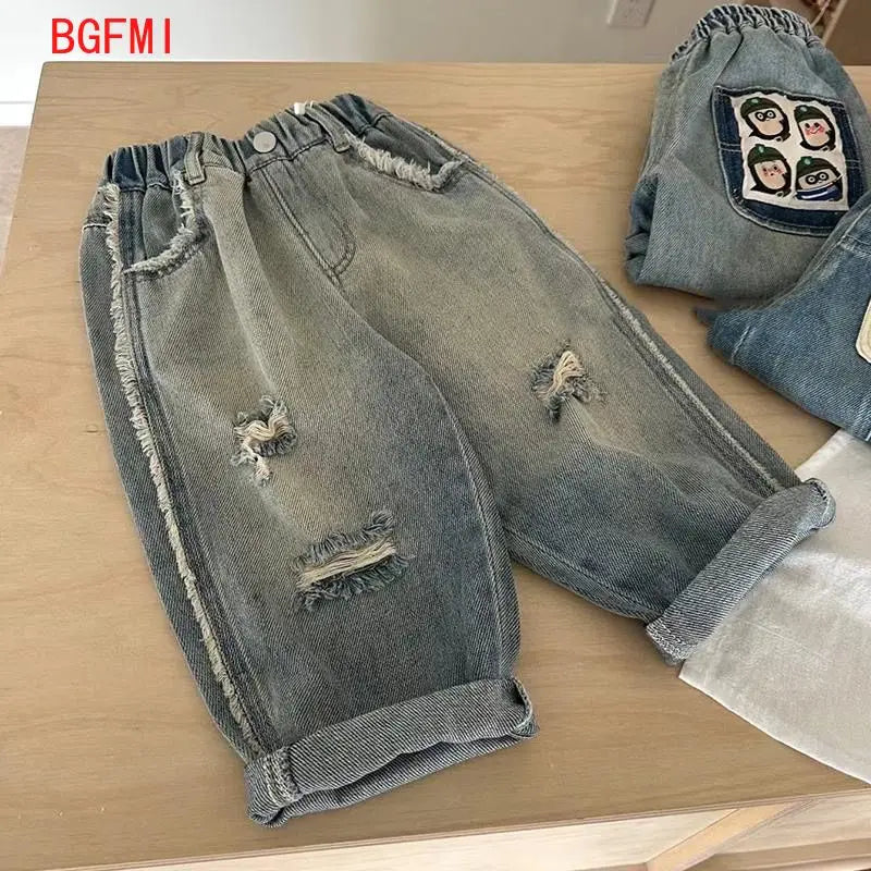 Kids Jeans Fashion Cartoon Ripped Denim Pants Jeans for Girls and Boys Korean Children Clothes Wide Leg Pants 2-10 Y Bottom Part