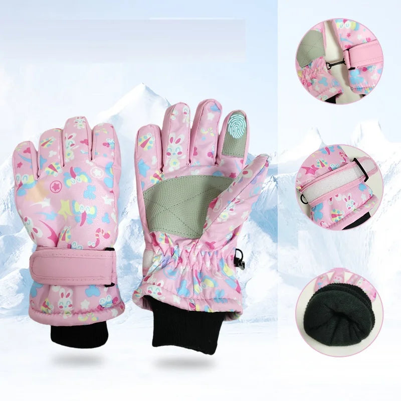 New Children Ski Gloves Girls Warm-Keeping Cartoon Pink Gloves Boys Cotton Waterproof Touchscreen Sports Gloves 9-15Y
