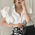 Gidyq Y2K Women Chiffon Black Shirts Summer Fashion Elegant Puff Sleeve Tops Korean All Match Female Casual Blouse New