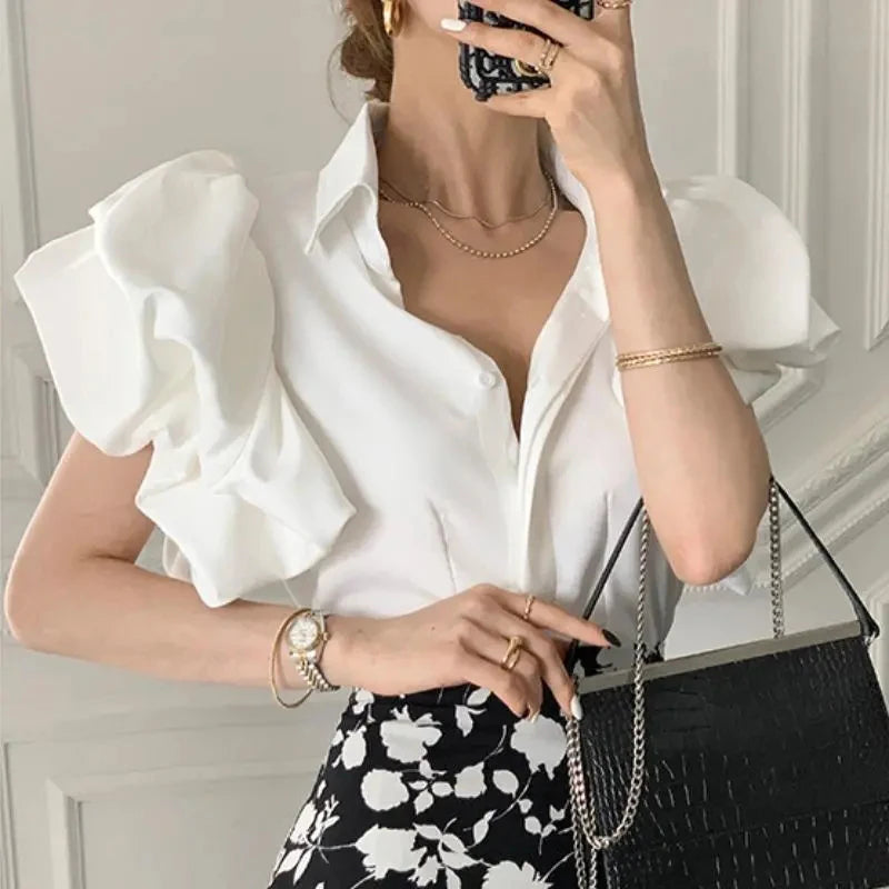 Gidyq Y2K Women Chiffon Black Shirts Summer Fashion Elegant Puff Sleeve Tops Korean All Match Female Casual Blouse New