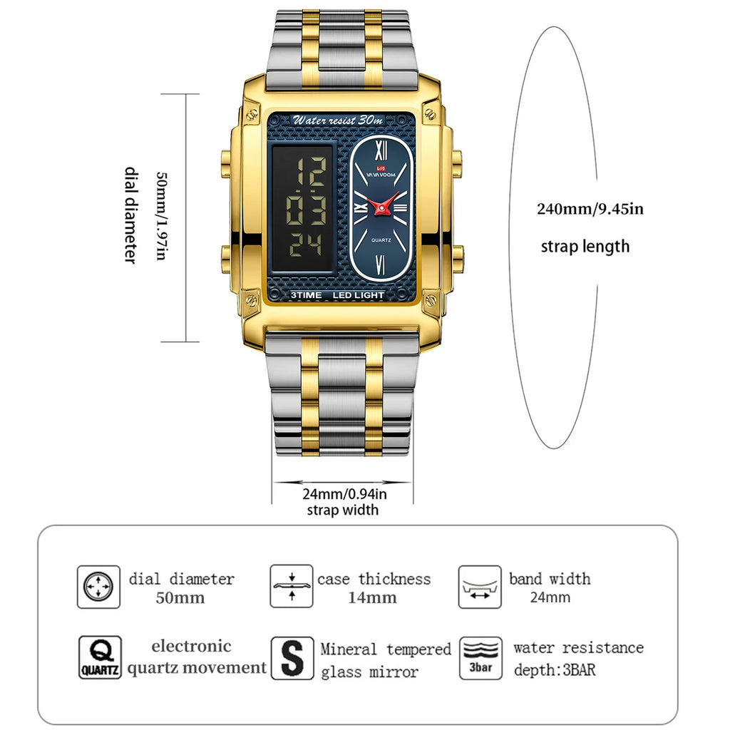 Men Electronic Watch With 50mm Rectangular LED Display Gold Stainless Steel Timing Clock Suitable Business Leisure Watch for Men