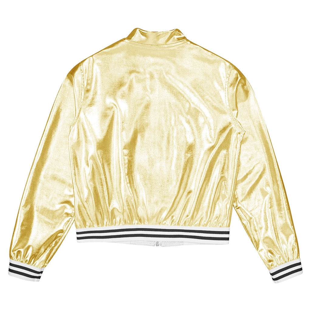 Kids Girls Boys Shiny Metallic Baseball Jacket Long Sleeve Casual Sports Bomber Jackets Jazz Hip-hop Street Dance Coats Outwear