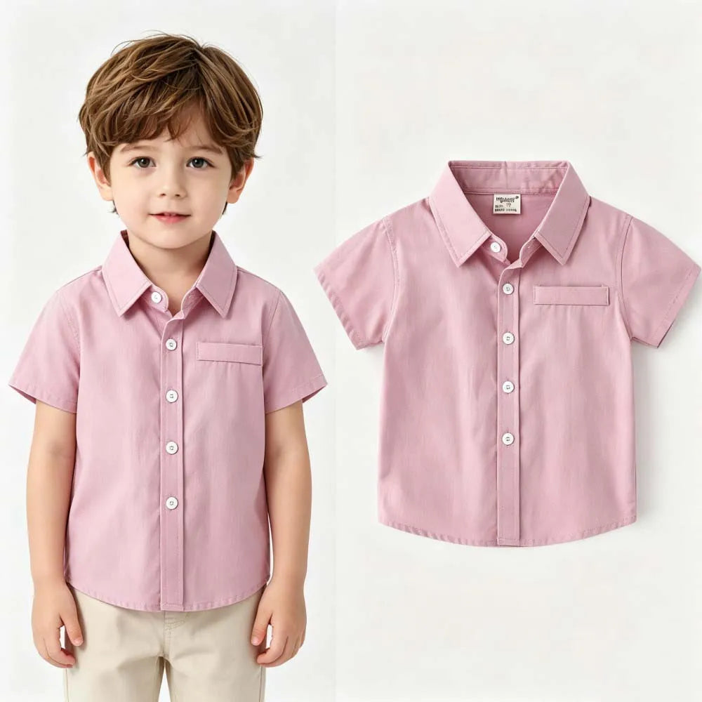 2-7Y Toddler Boys Cotton Button Up Shirts Solid Color Lapel Pocket Short Sleeve Kids Summer Casual School Outfit Blouses