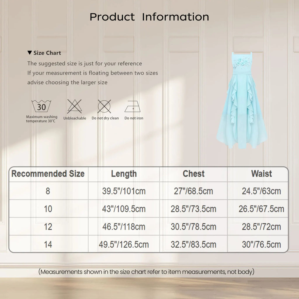 Kids Girls Elegant Chiffon Party Dress Gown Embroidery Applique Ruffled Flowy Sling Dress for Pageant Birthday Wedding Evening