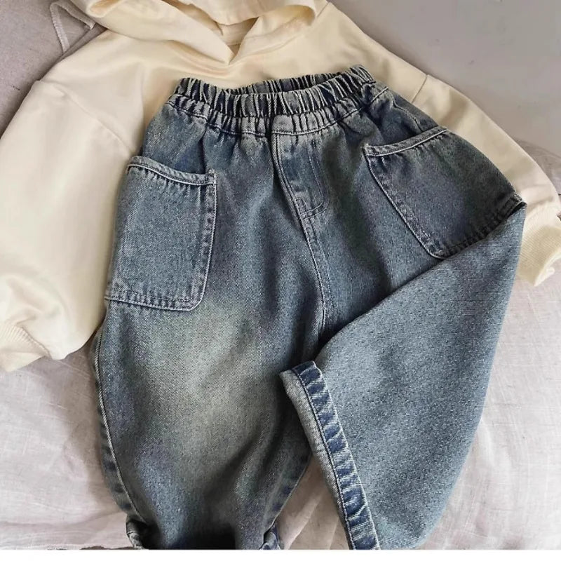 Boys Whiskered Casual Jeans, Childrens Spring Autumn New Pants, Small Medium Kids Trousers With Side Pockets for Daily Wear