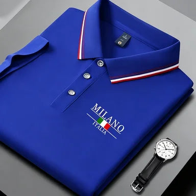 Summer men's trendy polo shirt with Italian Milan print, striped collar, summer breathable casual business top