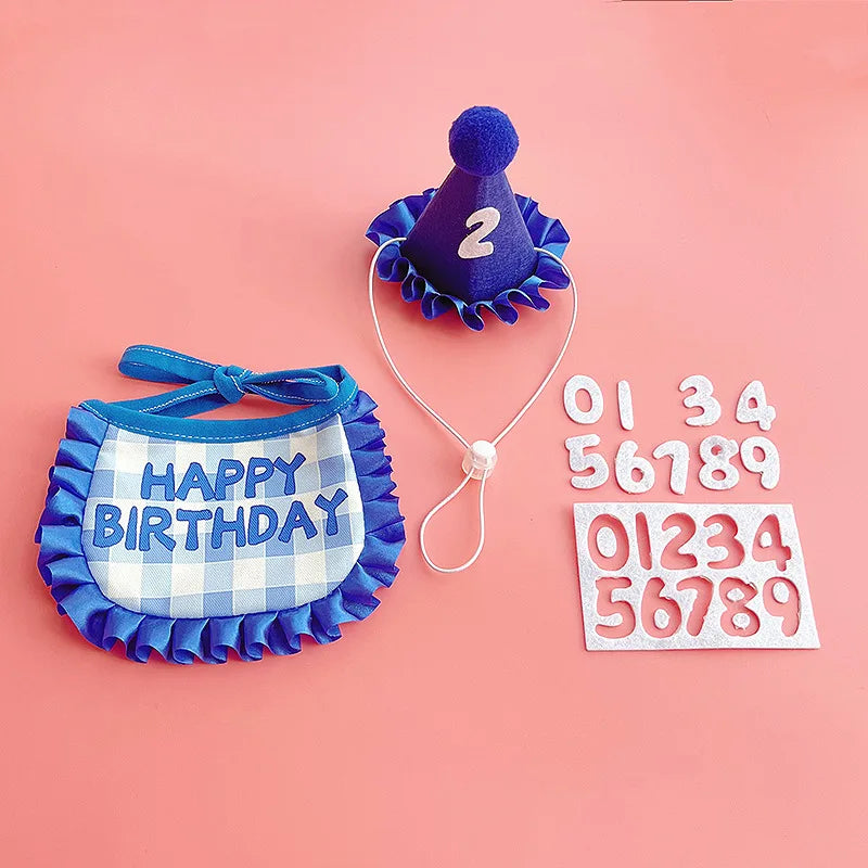 Pet Hat & Bib Set for Cats Birthday , Kitty Party Dress-up Costume Accessories, Adjustable Bandana Photo Props for Celebration