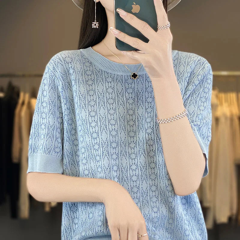 Summer New 100% Pure Cotton Sweater Short sleeved Women's Casual Solid Color Round Neck Pullover Loose Fashion Large Top