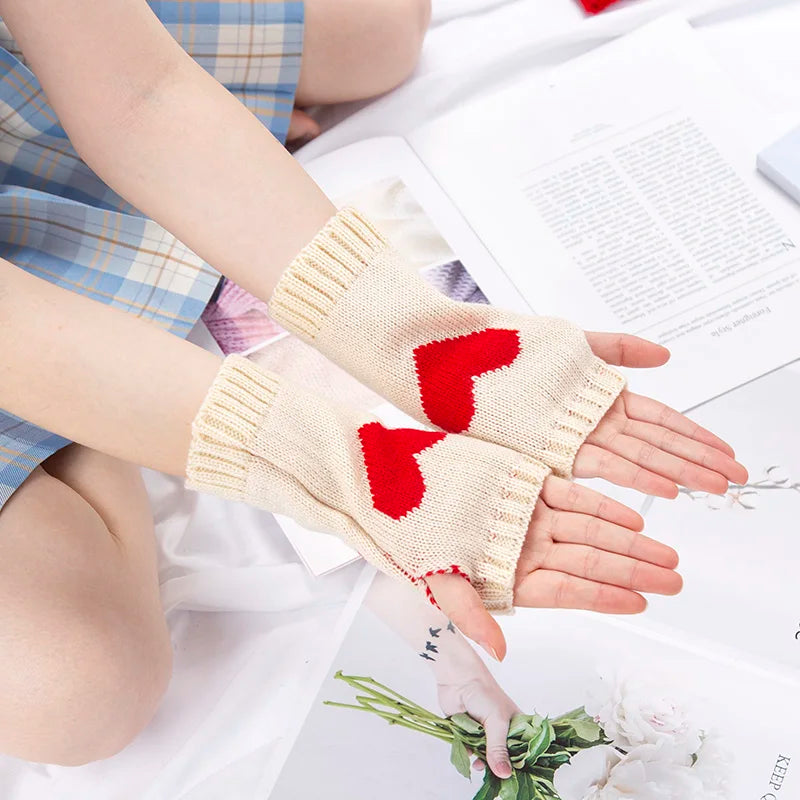 Women Gloves Stylish Hand Warmer Winter Glove Girls Arm Crochet Knitting Goth Lolita Heart Mitten Warm Fingerless Cosplay Gloves