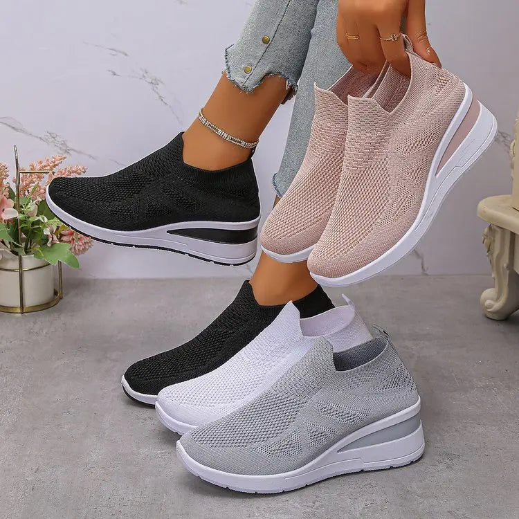 Women's Breathable Mesh Wedge Sneakers Slip-On High Heels Walking Shoes Non-Slip Comfortable for Casual Daily Wear