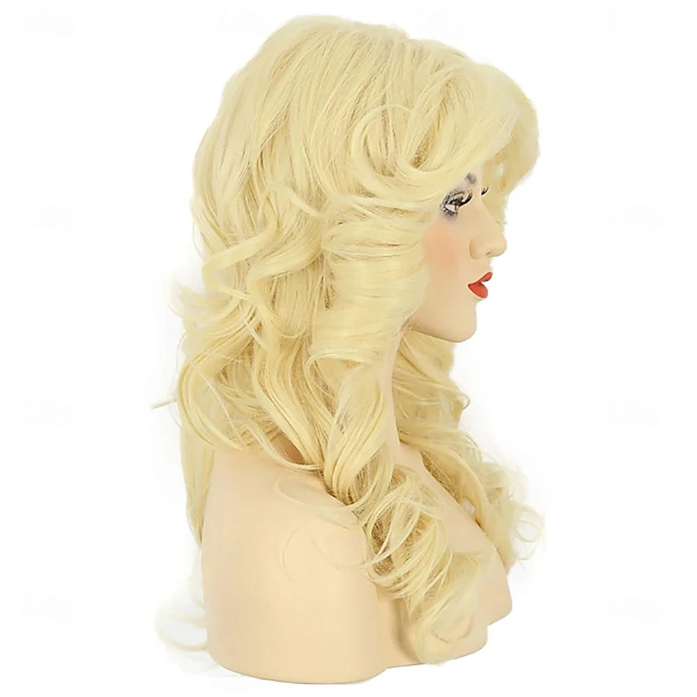 Synthetic Hair Women 70s Feathered Wig Long Blonde Wave Disco Singer Wig Vintage Costume Wig Halloween Party Costume Wig