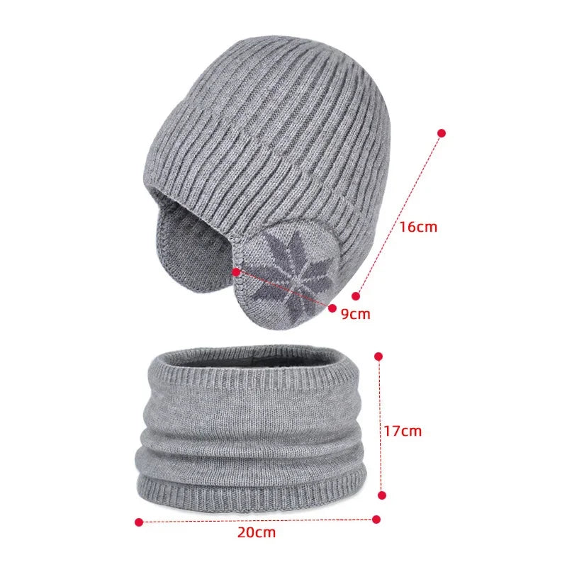 Kids Winter Knitted Hat Scarf Set for Boys Girls 2Pcs Fleece Lined Warm Earflaps Children Beanie Cap Neck Warmer for 4-10Y