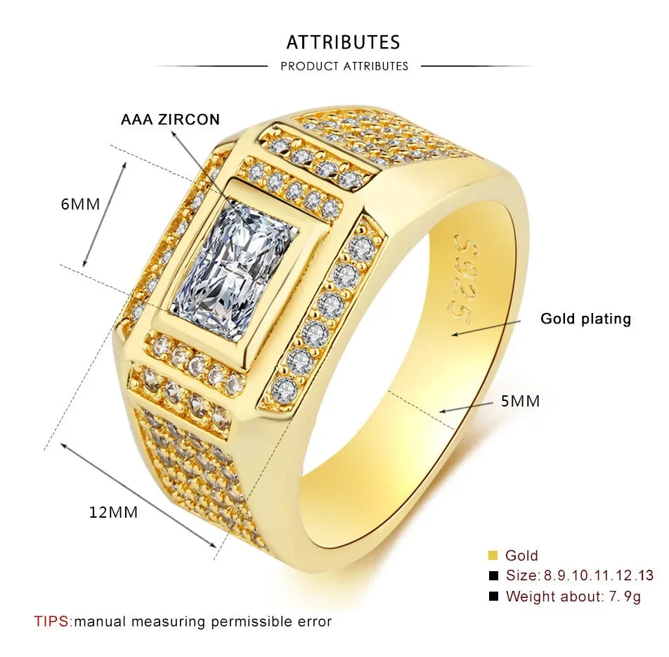 Fashion 14K Gold Plated Rings for Men Women Rectangular Diamond Crystal Zircon Finger Ring Jewelry 2025 Gift Anillos Mujer