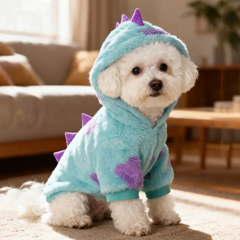 Dog Pet Clothes Hoodies Dinosaur Purple Polka Dots Warm Plush Small Puppy Medium Dogs Clothing Winter Autumn Thick Comfortable
