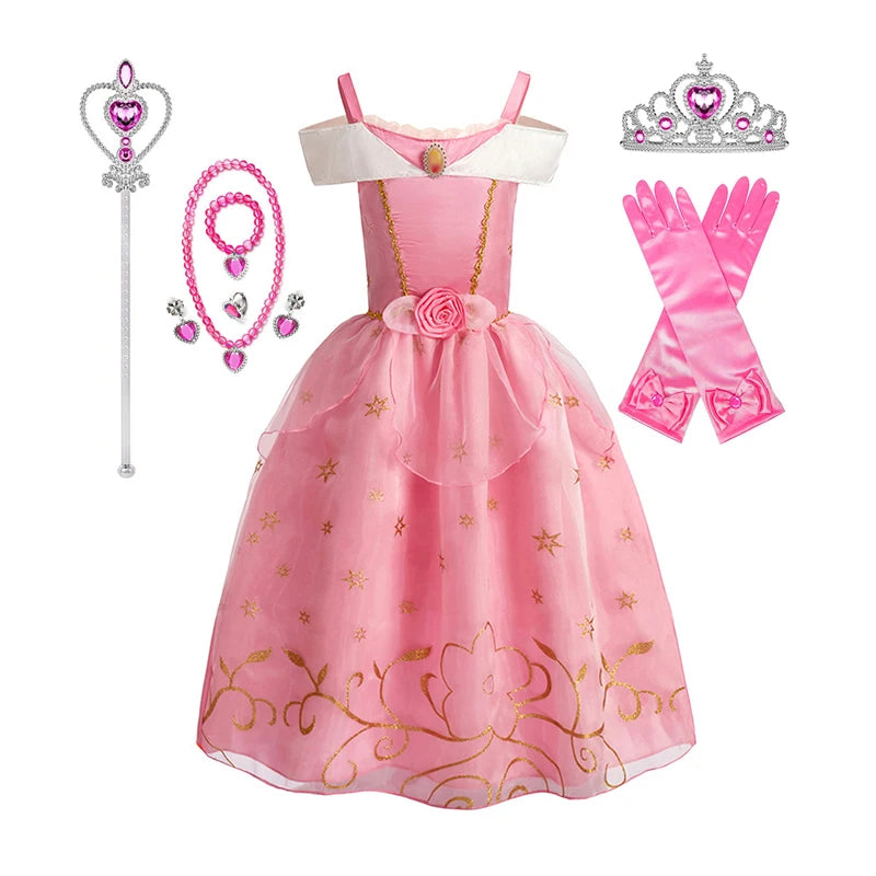 Kids Girls Fairytale Princess Fancy Dress Pink Embroidered Tulle Cosplay Outfit for Halloween Carnival Birthday Daily Wear