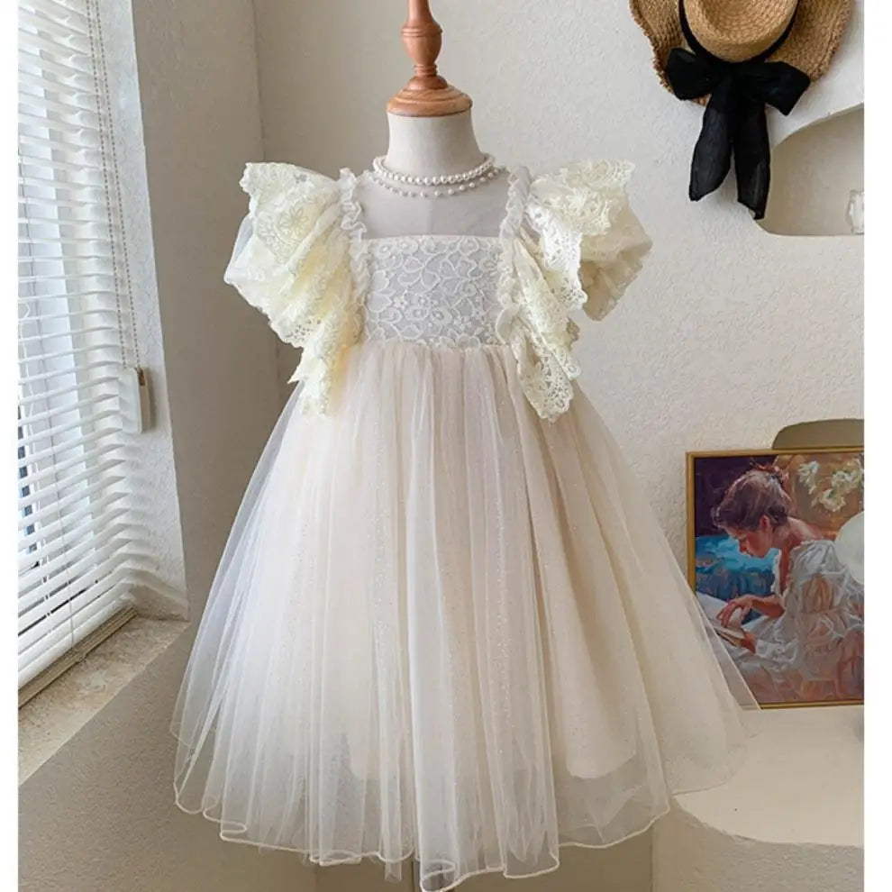 Kids Princess Dress 2-12Y Summer Lace Tulle Formal Gown Girls Elegant Birthday Party Vestidos New Children Sweet Clothing