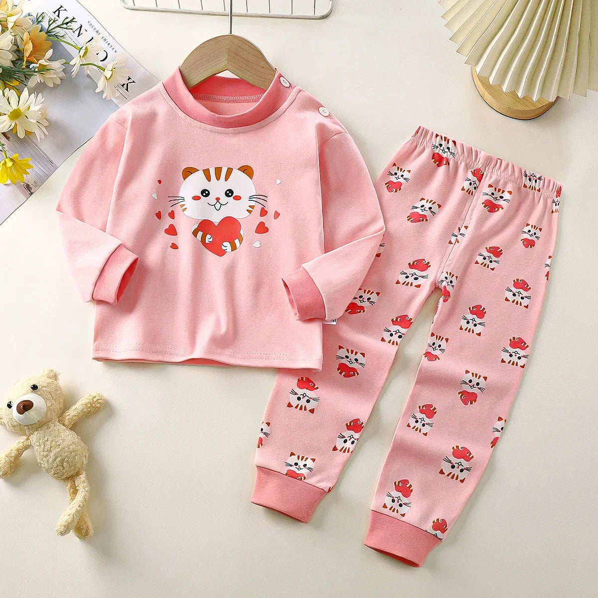 Boys Girls Autumn Pure Cotton Pajamas Kids Cartoon Print Long Sleeve T-Shirt Tops + Pants Pyjamas Baby Underwear Clothing Sets