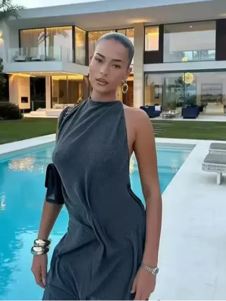 Woman Burgundy Asymmetrical Ruched Mini Dress Elegant Sleeveless Halter Neck Robe Fashion 2026 Lady Summer Evening Party Dresses