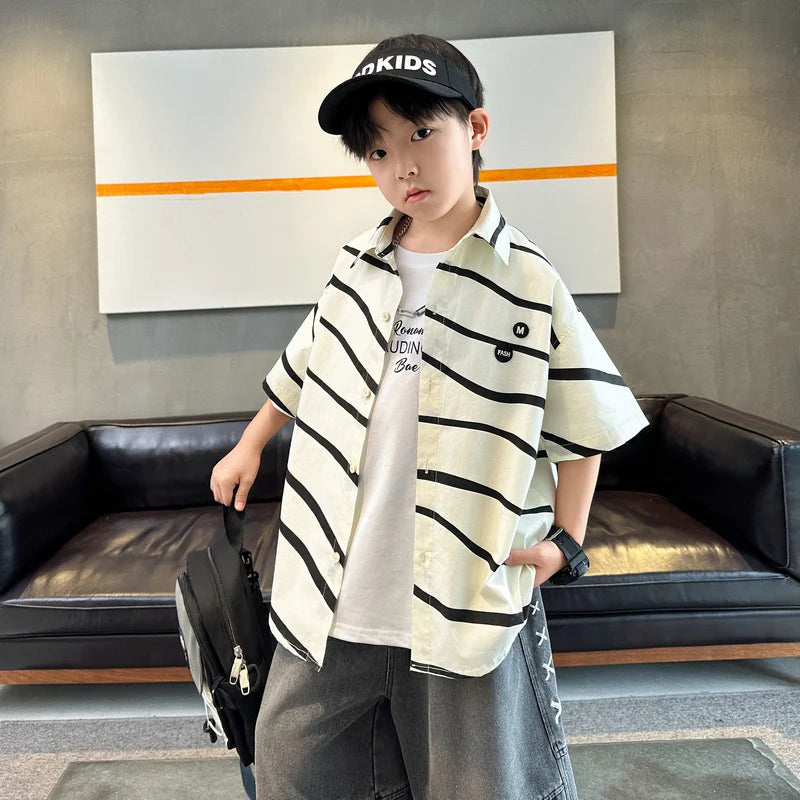New Kids Designer Asymmetrical Striped Shirts For Boys Summer Short Sleeve Cotton Blouse Top Kids Outfits Teenage Clothes 5-14Y