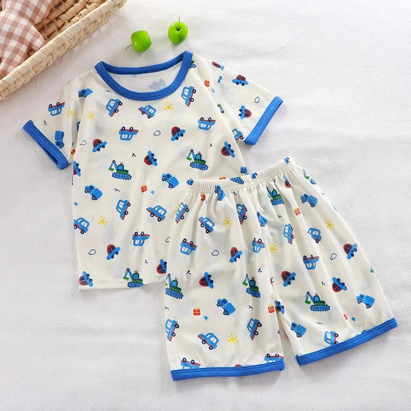 2024 New Boys Girls Summer Thin Clothing Sets Kids Cute Cartoon Print Short Sleeve T-Shirt Tops with Shorts Toddler Baby Pajamas
