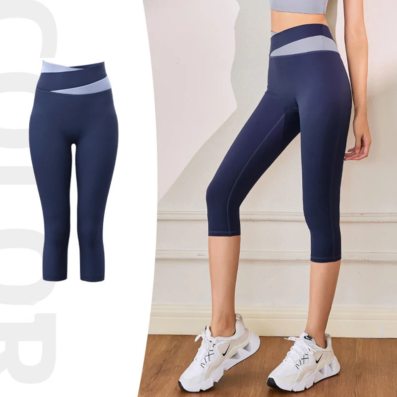 Women Sport Leggings High Waist Cropped Yoga Pants Running Capris Patchwork Color Crossover Gym Workout Tights Slim Sportswear