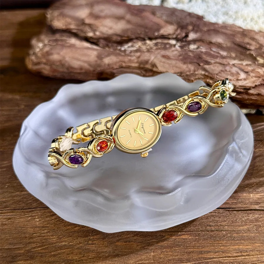 Exquisite ladies' watch with oval gemstone and diamond inlay, compact vintage rainbow women's watch