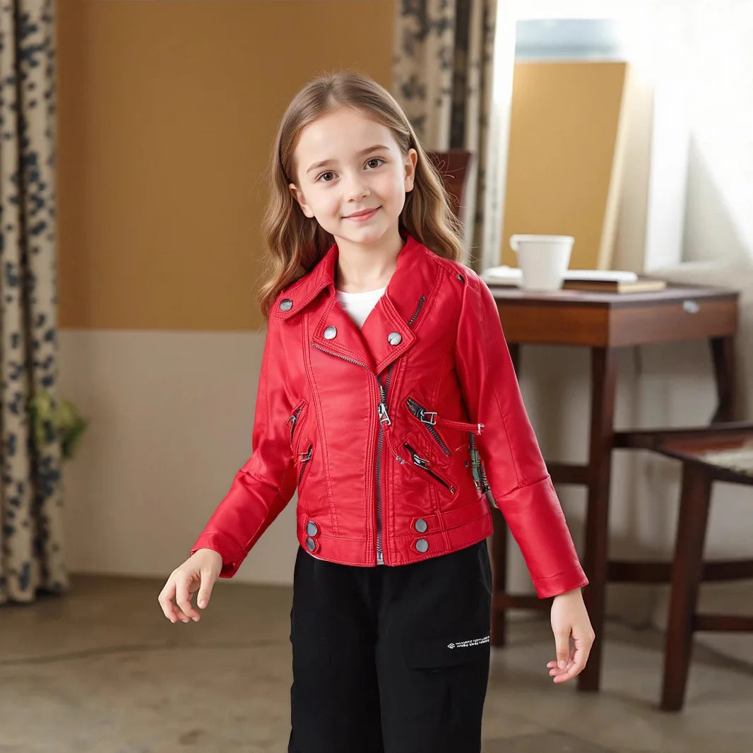 2-12Y NEW YEAR Boys Girls Red Rock Motorcycle Pu Leather Jacket Children Waterproof Windproof Coat Kids Street Photography Wear