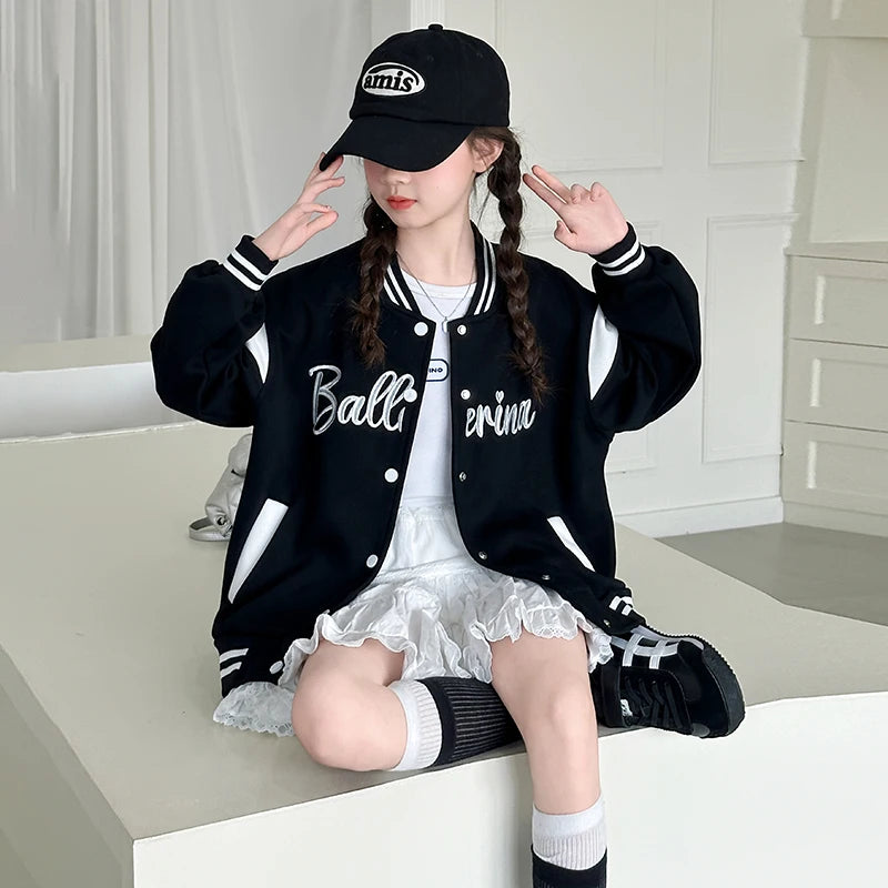 Children's Jackets 2025 Spring Girls Black Baseball Coat New Kids Letters Sports Cardigan Autumn Fashion Outerwear Clothing