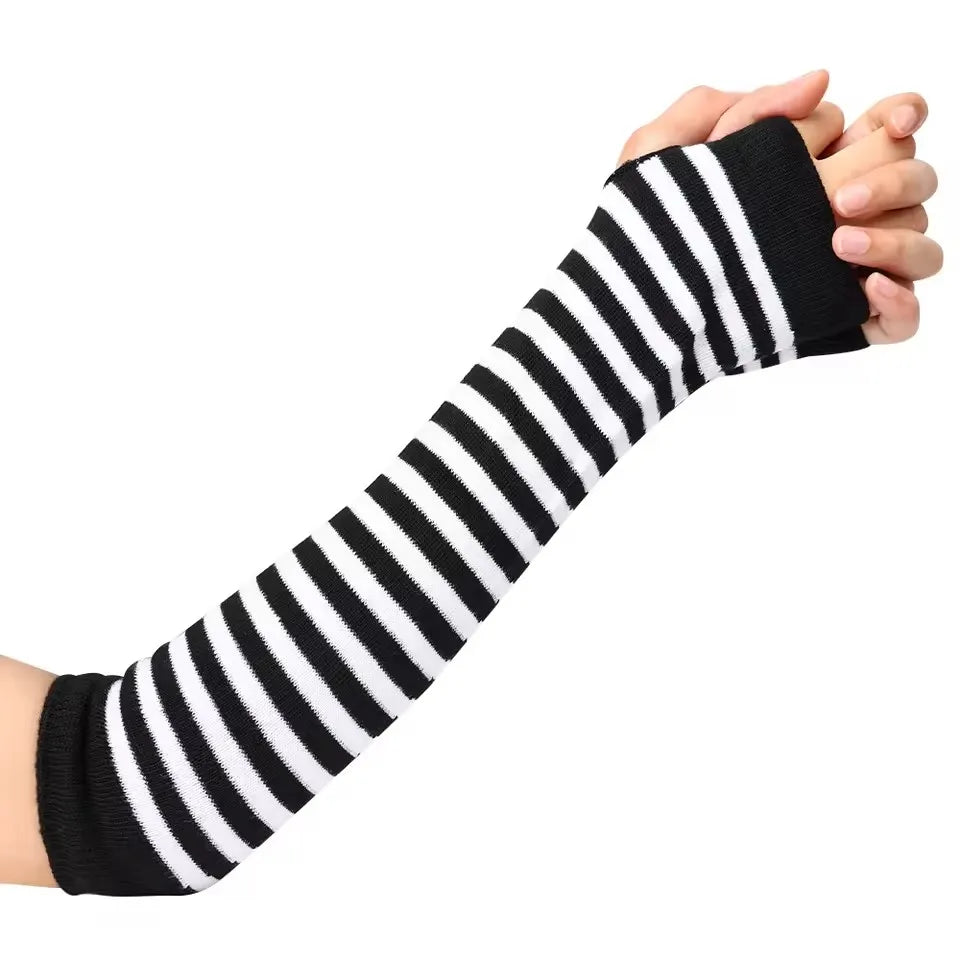 Women's Winter Knitted Gloves Girls' Cotton Fingerless Long Bracelet Arm Warmth Long Sleeve Striped Elbow Protection