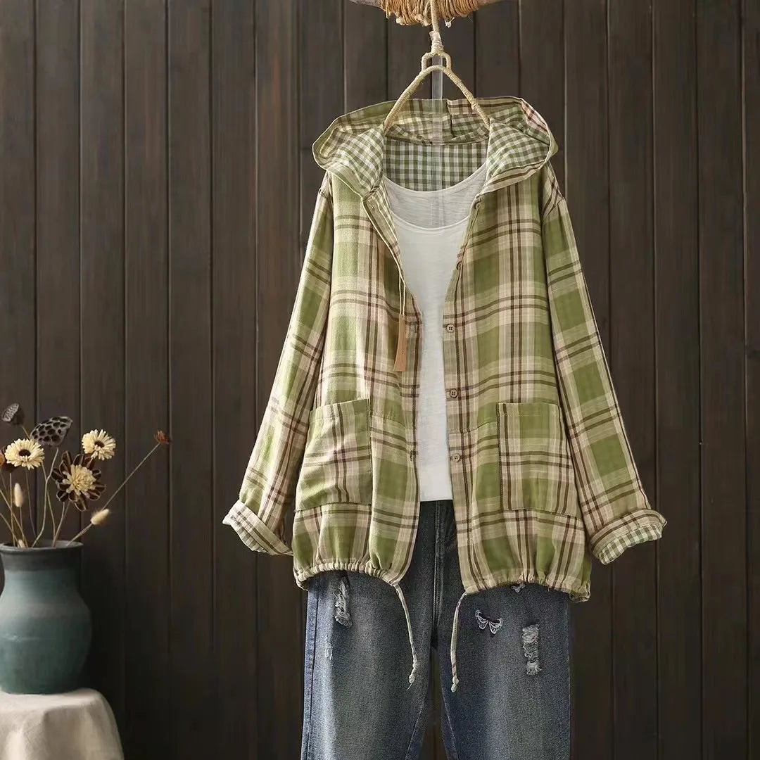 New Summer Long Sleeve Anti-sunburn Coat, Hooded Vintage Plaid Shirt Coat for Women, Elegant Fashion 2024 Autumn Top C47671QM