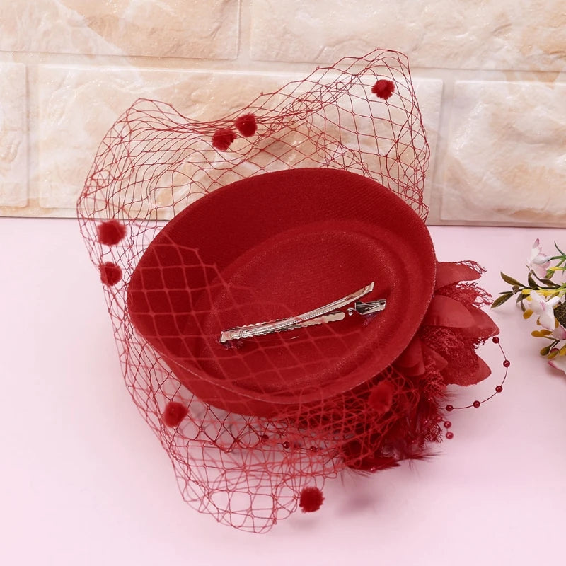 Fascinator Hats for Women Pillbox Cap with Flower Furry Mesh Veils and Hair Clip Party Headwear Headdress